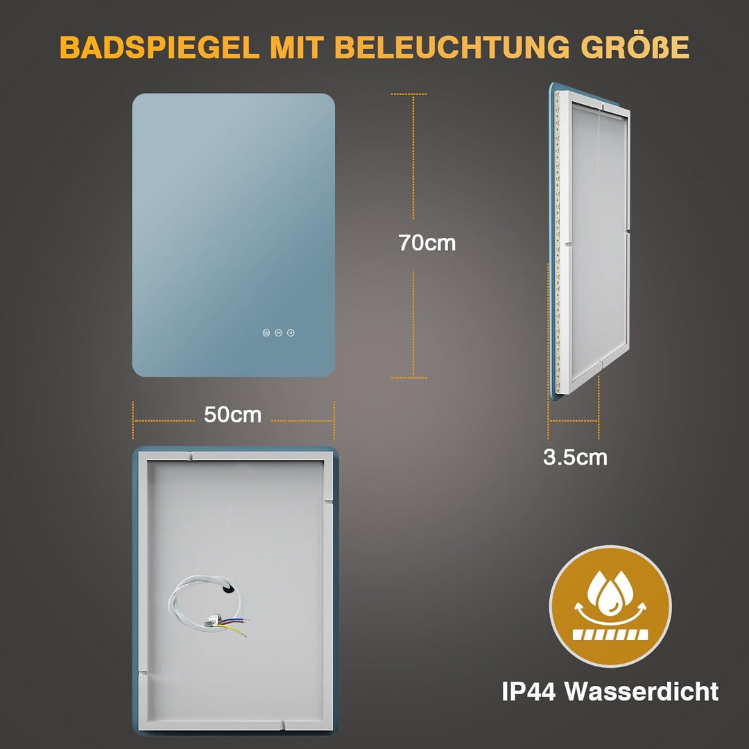 Badspiegel mit Beleuchtung, Led Spiegel Bad mit Licht, Antibeschlag, 3 Lichtfarben, Dimmbar, Speiche