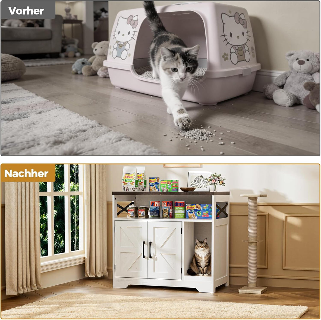 Katzenklo Schrank, Katzenhaus Holz, Katzenschrank mit Tür, Versteckte Katzentoilette mit Kratzmatte