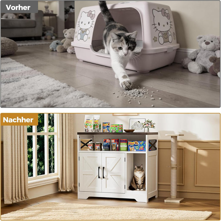 Katzenklo Schrank, Katzenhaus Holz, Katzenschrank mit Tür, Versteckte Katzentoilette mit Kratzmatte