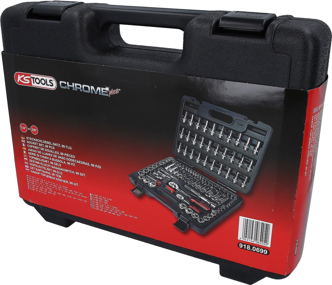 KS Tools 918.0699 1/4 Zoll + 3/8 Zoll CHROMEplus Steckschlüssel-Satz | mit 2 Umschaltknarren, 72-Zah