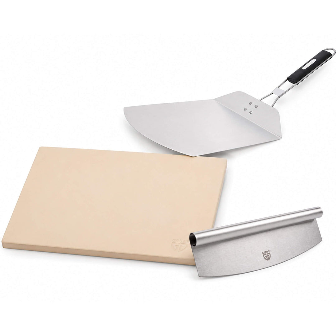 GRÄWE Pizzastein Set 3-teilig mit Pizzaschieber und Pizzamesser, Pizzazubehör zum Pizza backen und P