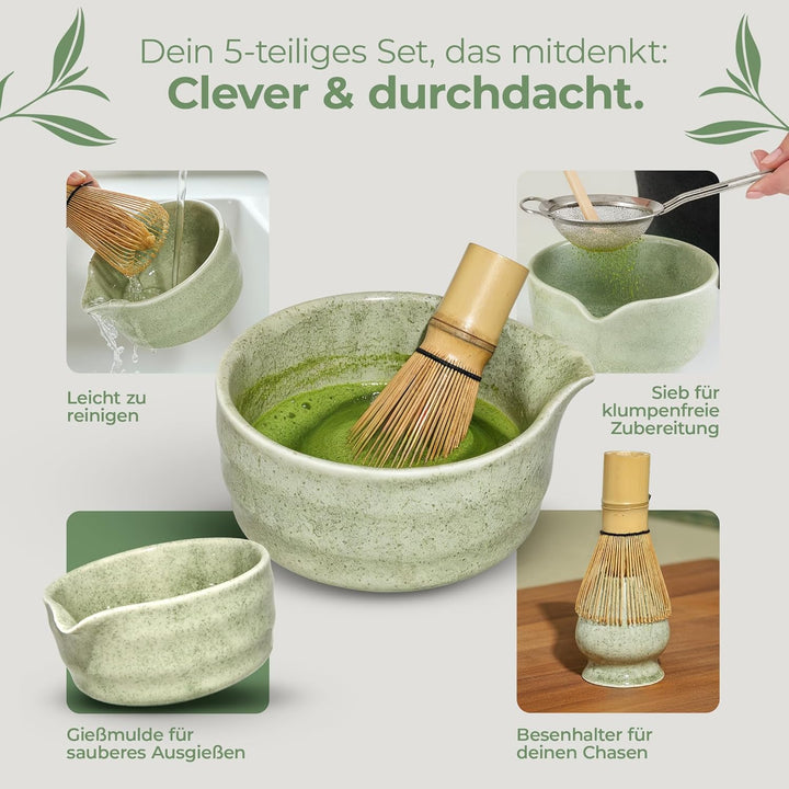 comforder Matcha Set mit Besen – Komplett mit Matchaschale mit Ausgiesser, Chasen, Halter, Löffel un