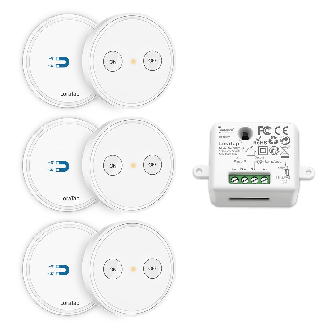 LoraTap Funk Lichtschalter Set mit 3 Fernbedienungen und 1 Empfänger, 230V Funk Schalter für Licht &