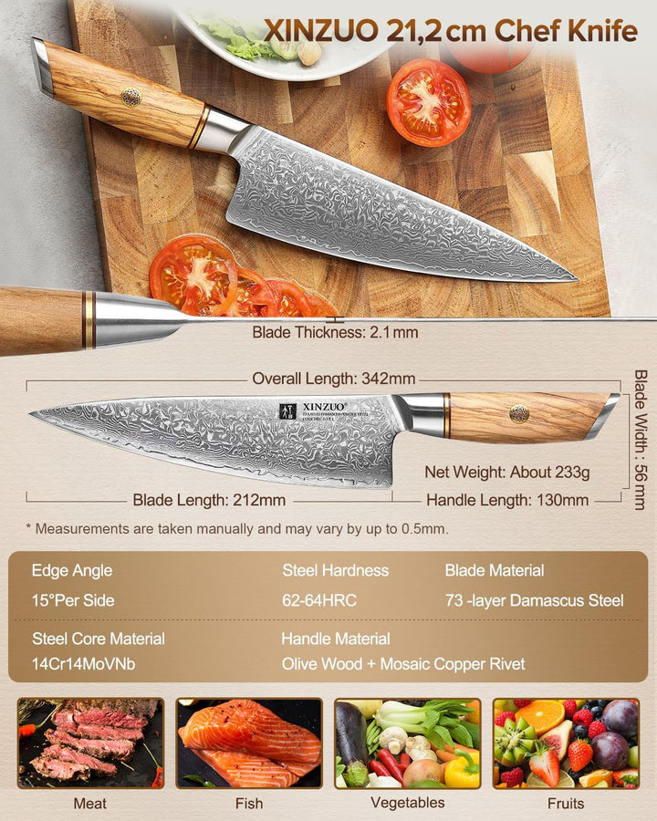 XINZUO 21.2cm Kochmesser 73 Schichten Damastpulverstahl, profi Chefmesser japanisches Gyuto-Messer,