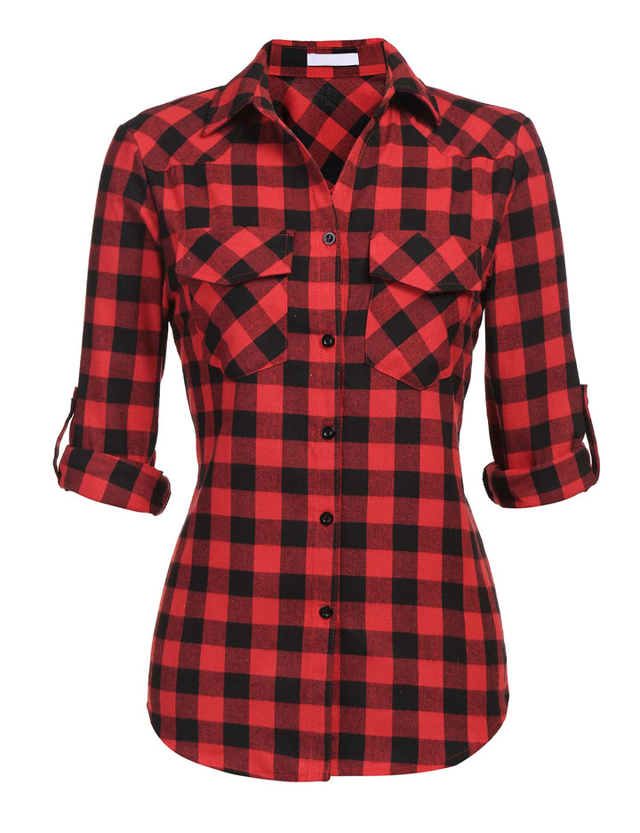Zeagoo Damen Kariertes Hemd mit Knopfleiste kurz/Langarm Oktoberfest Bluse Karo Tunika Baumwolle Top