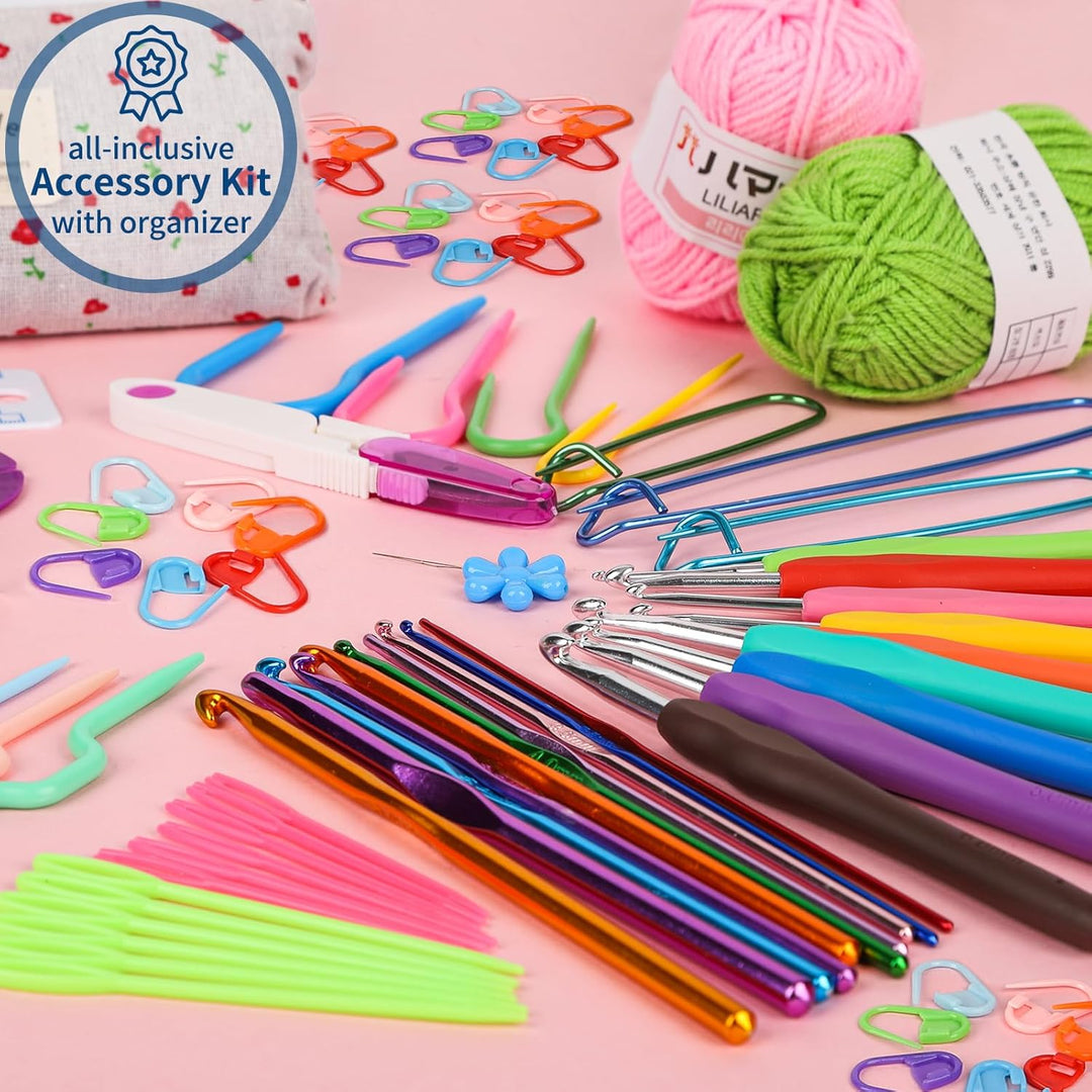 Häkelwolle Set,114pcs Häkelset für Anfänger mit 24*25g Häkelgarn,Ergonomische Häkelnadeln Stricknade