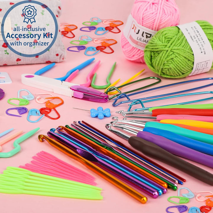 Häkelwolle Set,114pcs Häkelset für Anfänger mit 24*25g Häkelgarn,Ergonomische Häkelnadeln Stricknade