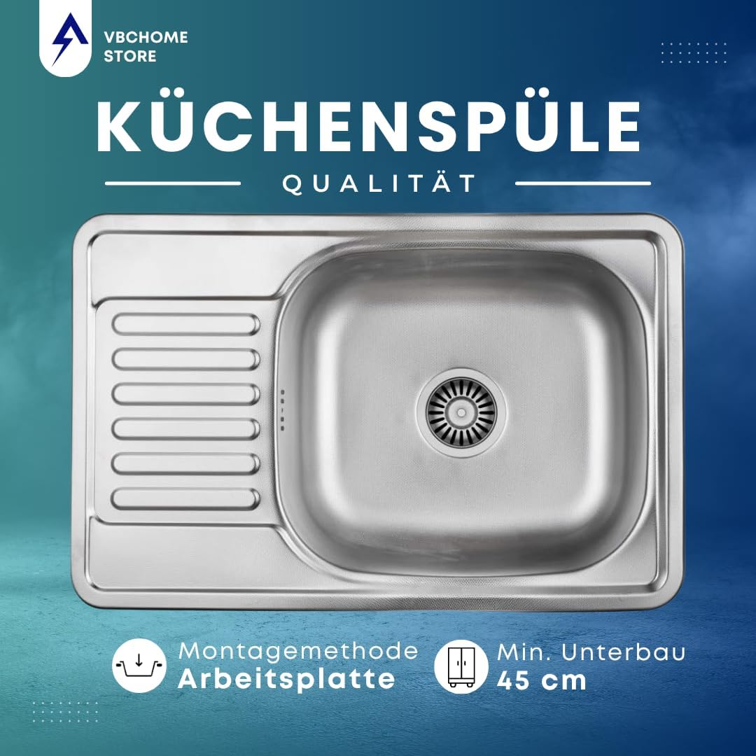 VBChome Einbauspüle 66x42 Satinstruktur Edelstahl Küchenspüle Spüle Ablagefläche Reversibel Abtropff