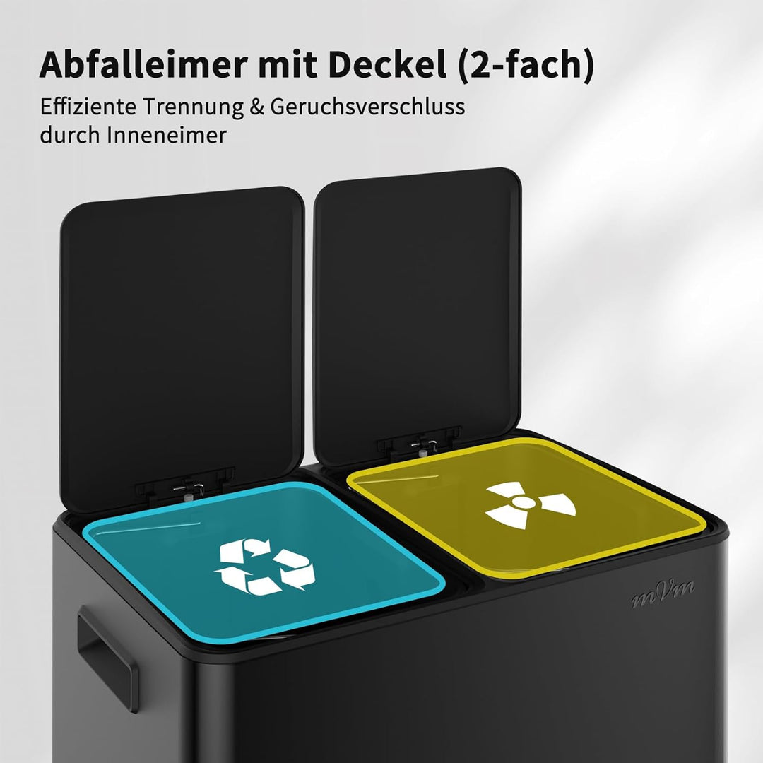 mVm Mülleimer Küche,60 Liter Treteimer,2 x 30 Liter Treteimer, 2 Fächer, Mülltrennsystem, Abfalleime