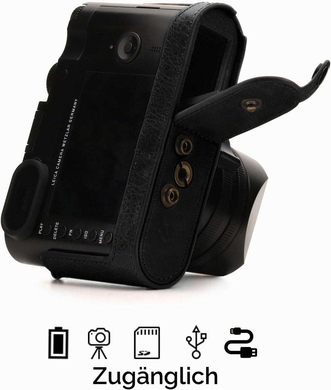 MegaGear MG1402 Leica Q-P, Q (Typ 116) Ever Ready Echtleder Kamera-Case mit Trageriemen - Schwarz, S