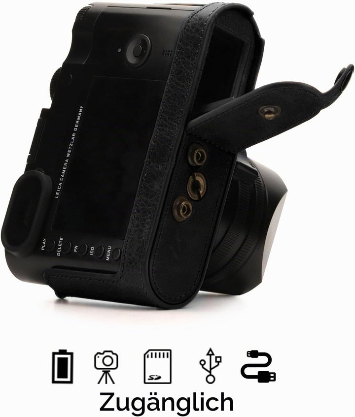 MegaGear MG1402 Leica Q-P, Q (Typ 116) Ever Ready Echtleder Kamera-Case mit Trageriemen - Schwarz, S