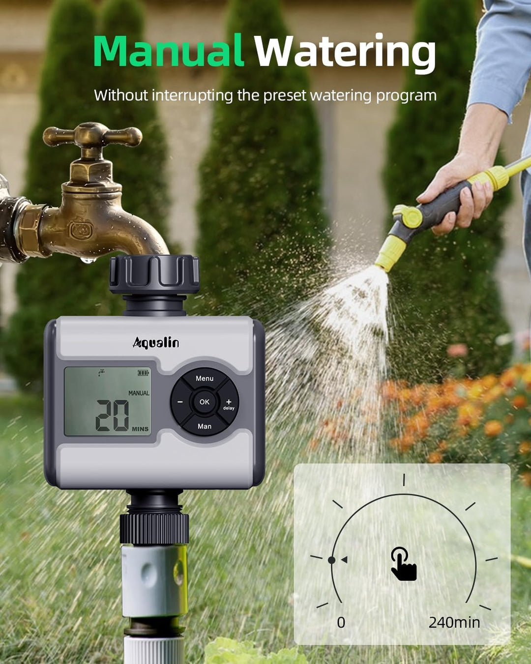 LCD Wasserzeitschalter mit Messing-Eingang – 3 Bewässerungsmodi, Verzögerungsfunktion & Regensensor-