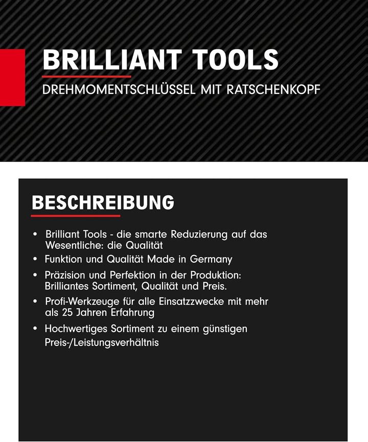 BRILLIANT TOOLS Ratschen Drehmomentschlüssel 1/2 Zoll mit Umschalt-Ratschenkopf BT141908 I 10-100 Nm