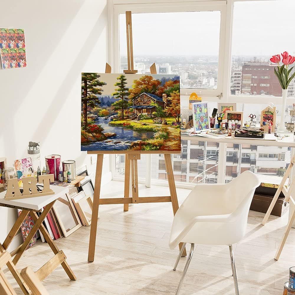 Artnapi Malen nach Zahlen Erwachsene mit Rahmen | DIY Handgemalt | Waldhäuschen am Fluss | Kit für A