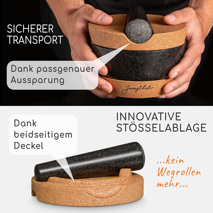Mörser mit Stössel im Set | Granit | Korkbasis | Korkdeckel | XXL gross für Gewürze & Kräuter