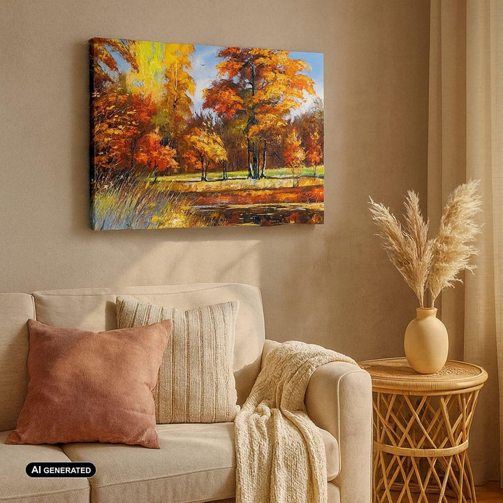 Bilder auf Leinwand 100x70cm Leinwandbild mit Rahmen Park Herbst Wasser Gross Wanddeko Bild Schlafzi