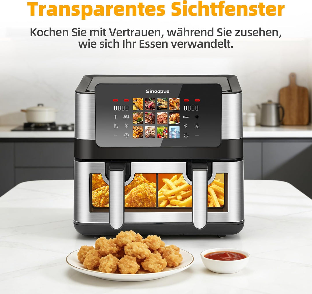 Heissluftfritteuse 2000W mit 2 Kammern XXL 8.5L, Airfryer mit Sichtfenster, LED Touchscreen, 60-200°