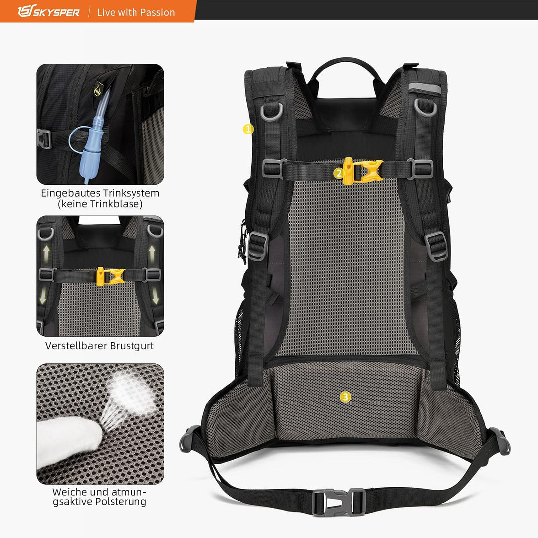 SKYSPER Wanderrucksack 30L Trekkingrucksack Wasserfest mit Rückenbelüftung und Netzrücken Tagesausfl