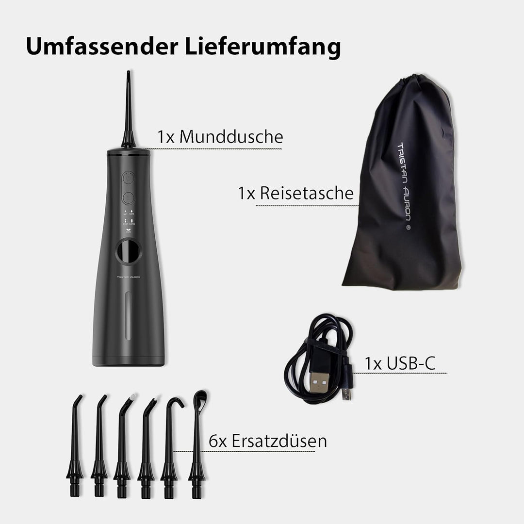 Tristan Auron Munddusche – 6 Ersatzdüsen und Reisetasche, 5 Modi, 8 Druckstufen inkl. Shoot Modus, 3