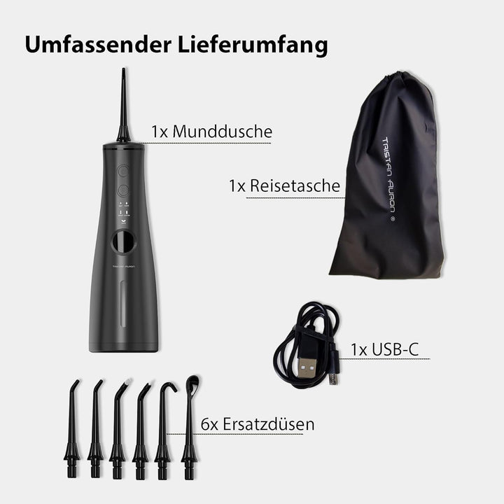 Tristan Auron Munddusche – 6 Ersatzdüsen und Reisetasche, 5 Modi, 8 Druckstufen inkl. Shoot Modus, 3