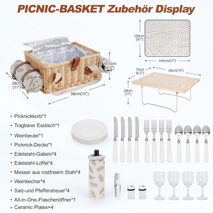 Picknickkorb-Set mit Mini-Klapptisch und Besteck-Set, Picknickkorb für 4 Personen mit kühltaschen, F
