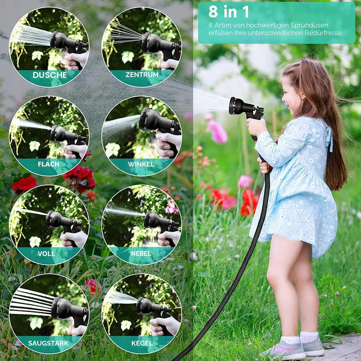 Flexibler Gartenschlauch mit 8 Funktion Garten Handbrause Flexibel 3/4 Zoll &amp; 1/2 Schlauchhaken Aufb