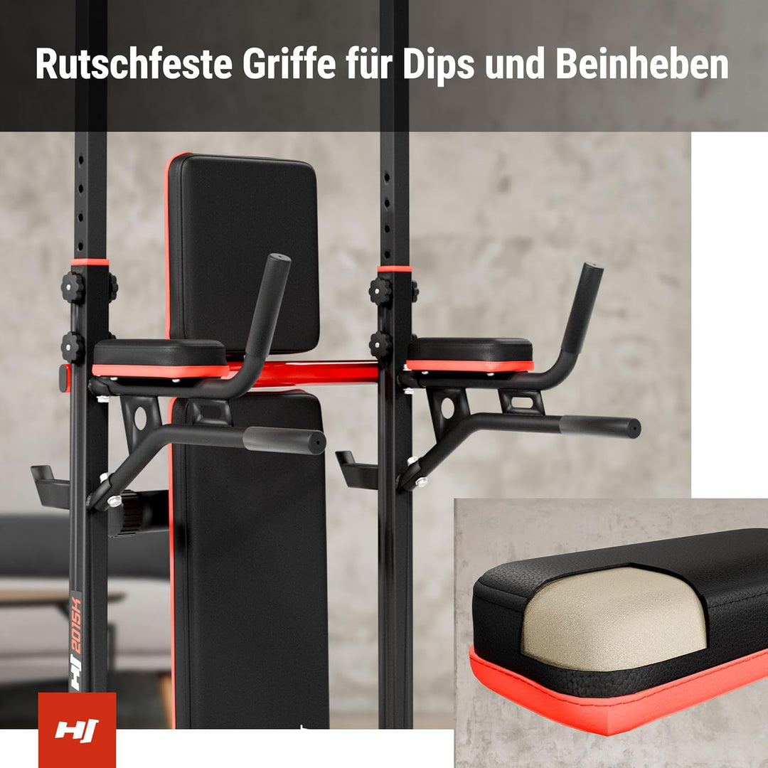 Hop-Sport Power Tower mit Klimmzugstange, Hantelbank &amp; Dip-Station, Fitnessgerät für Zuhause, Calist