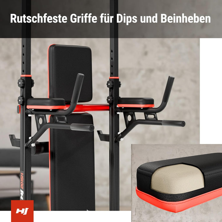 Hop-Sport Power Tower mit Klimmzugstange, Hantelbank &amp; Dip-Station, Fitnessgerät für Zuhause, Calist