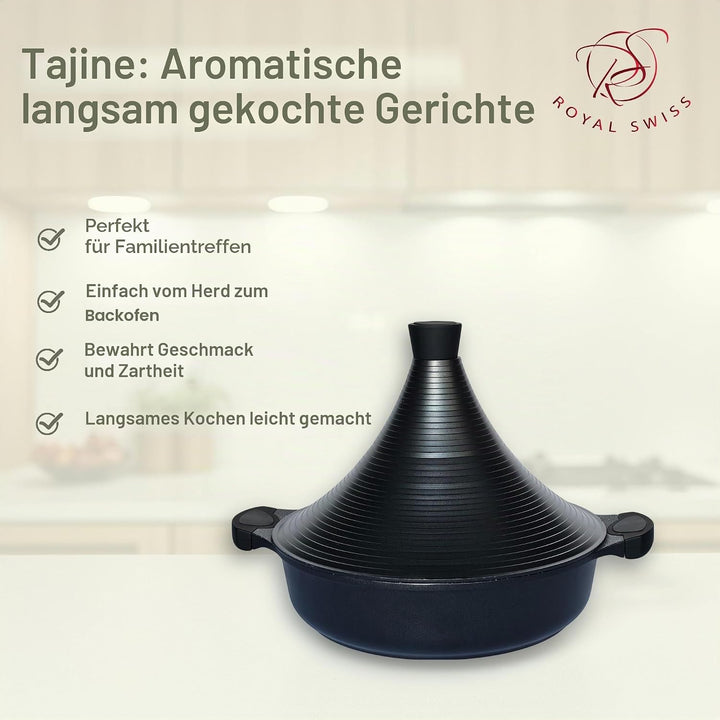 Royal Swiss® Tajine 32 cm – 5L Schmortopf aus Aluminium mit Keramik-Antihaftbeschichtung, Kegel-Deck
