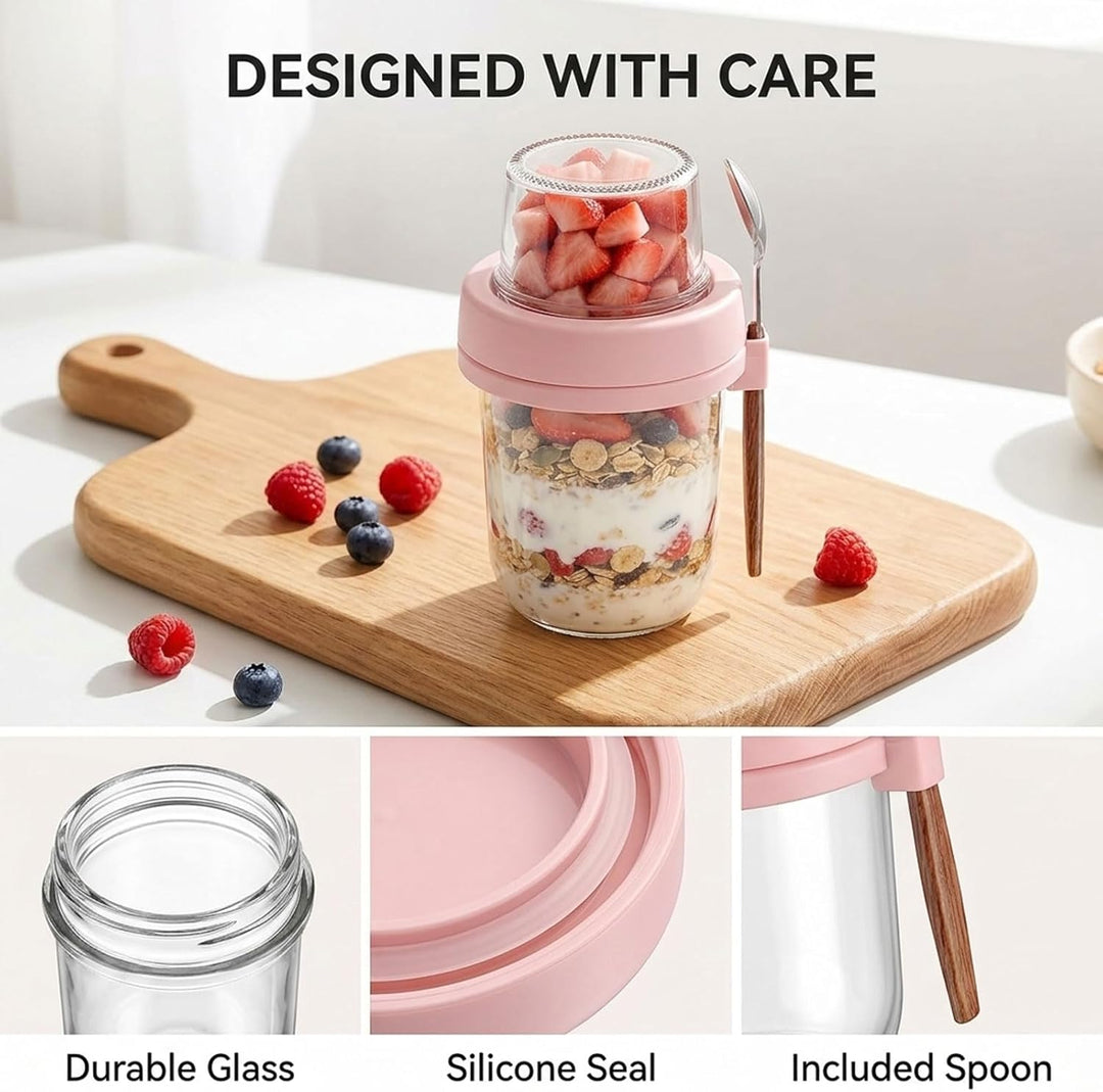 4er Set Overnight Oats Gläser mit Deckel & Löffel – 16oz Müslibecher & 4oz Snack-Box, Doppelkammer J