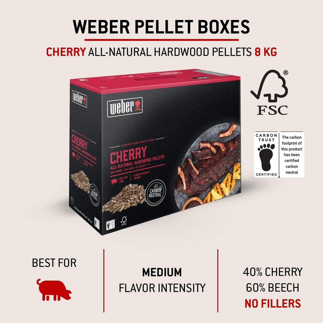 Weber Holzpellets - Kirschholz (8kg), perfekt zum Räuchern von Schwein, 100% natürliche Holzpellets,