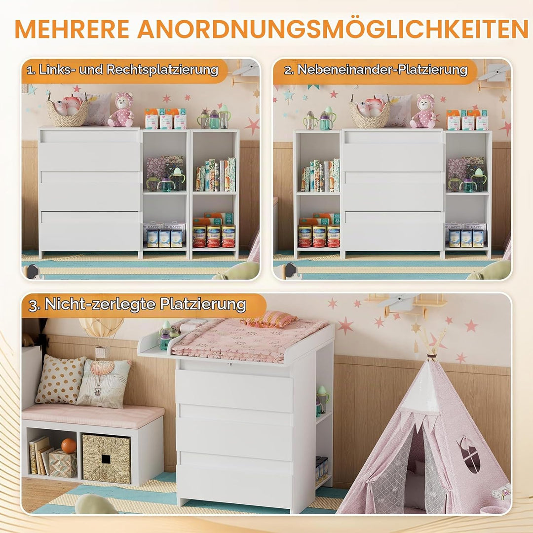 2-in-1 Wickelkommode mit abnehmbarem Wickelaufsatz, Baby Wickeltisch&amp;Kommode mit 3 Schubladen und 6