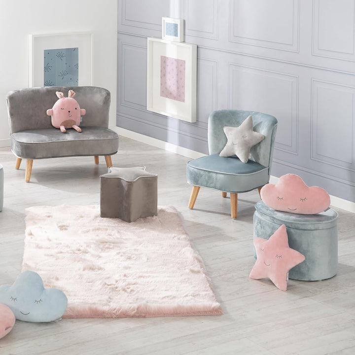 roba Kinderhocker Lil Sofa mit Stauraum - Ovaler Hocker in blauem Samtstoff - Polstermöbel Pouf für