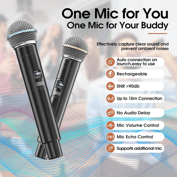 Tragbare Karaoke Maschine Anlage mit 2 Drahtlosen Mikrofonen für Erwachsene & Kinder Bluetooth Lauts