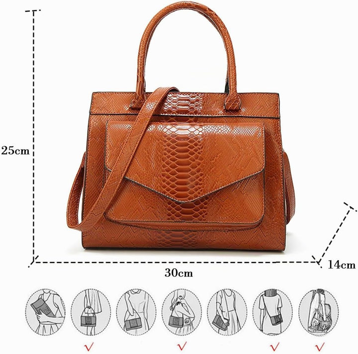 Damen Henkeltasche mit Schulterriemen aus PU-Lackleder Schlange Textur Schultertasche Umhängetasche