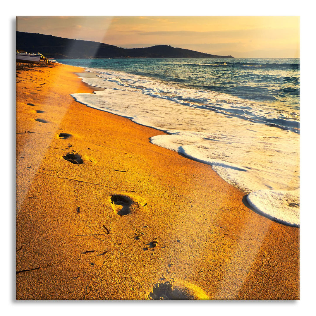 Glasbild | Wandbild auf Echtglas | Fussabdrücke im Strand | 50x50 cm | inkl. Aufhängung und Abstands