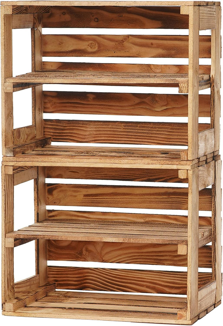 GrandBox Geflammte Holz-Kiste 50x40x30cm 2er Set, mit Mittelbrett, Wein-Kiste, Obst-Kiste, Kaminholz
