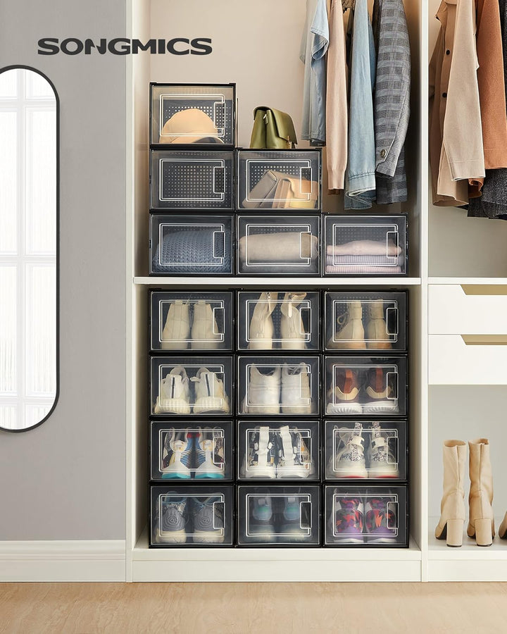 SONGMICS Schuhboxen, 18er Set, Schuh-Organizer aus Kunststoff, faltbar und stapelbar, für Schuhe bis