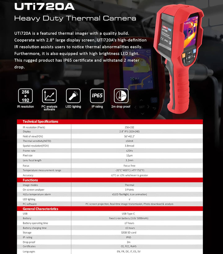 UNI-T Thermal Imager UTi720A 256 x 192 Pixel, Thermographische Infrarot-Kamera, für Repairs, Bodenhe
