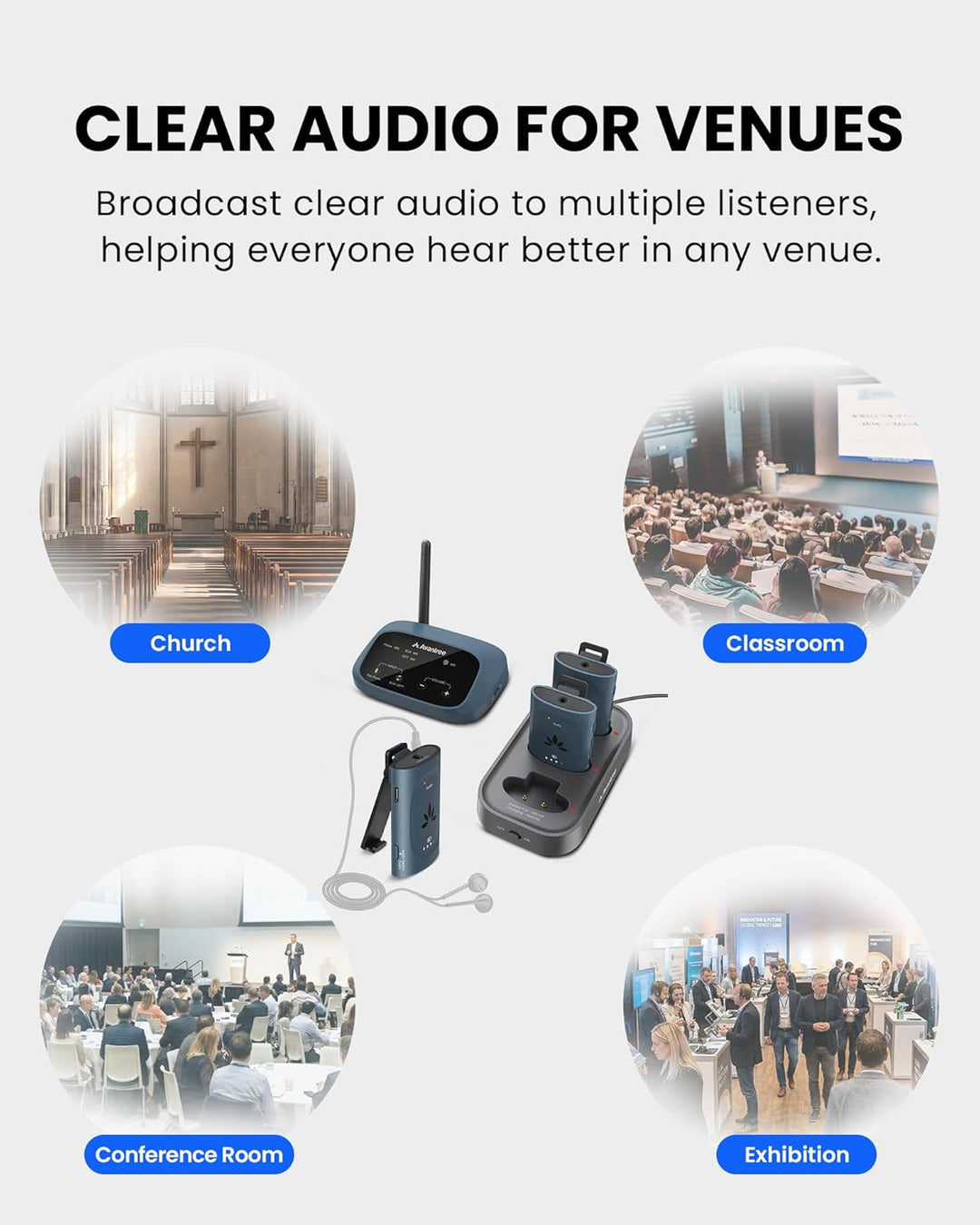 Avantree AuraPlex M3 – Auracast Assistive Listening System mit 1 Sender & 3 kabellosen Empfängern, b