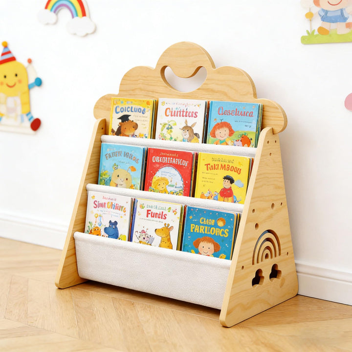 Montessori Kinder Bücherregal Holz, Offenes Frontbücherregal für Kinderzimmer & Leseecke, Tragbare B