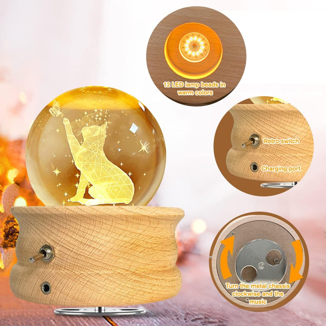 HABOWN Kristallkugel Spieluhr, 360 ° drehbare hölzerne Spieluhr mit Licht，Geburtstagsgeschenk, Proje