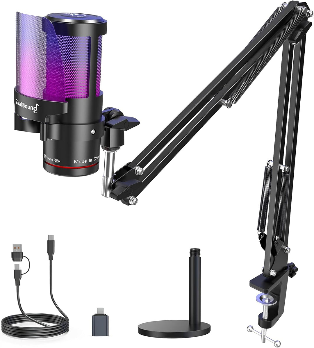 ZealSound USB Gaming Mikrofon für PC/Mac/Handy mit 2 Ständer & 2 Adapters, 192kHz/24bit mit Noise Ca