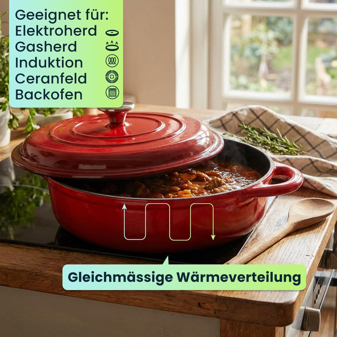 Gusseisen Topf mit Deckel 28cm Rund, Emaillierter Schmortopf 3,24L Rot, Bräter für alle Herdarten wi
