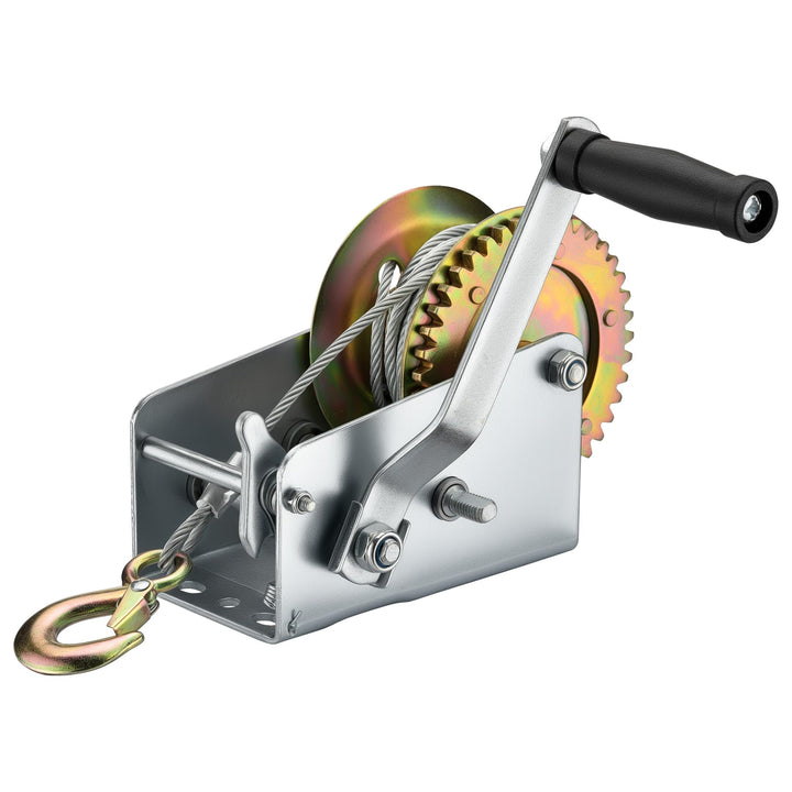 Wiltec Handseilwinde bis 1100kg Übersetzung 4:1 8:1 170x175x240mm, Winde mit 8m Drahtseil, Seilwinde