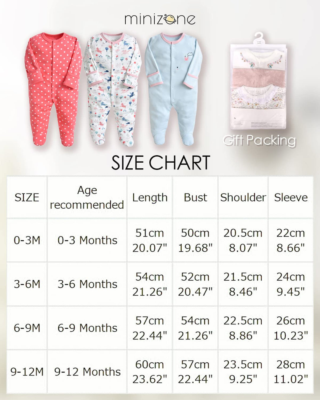 Minizone Baby Schlafanzug Pack of 3, Strampler Langarm Pyjamas Schlafstrampler 6-9 Monate 6-9 Monate