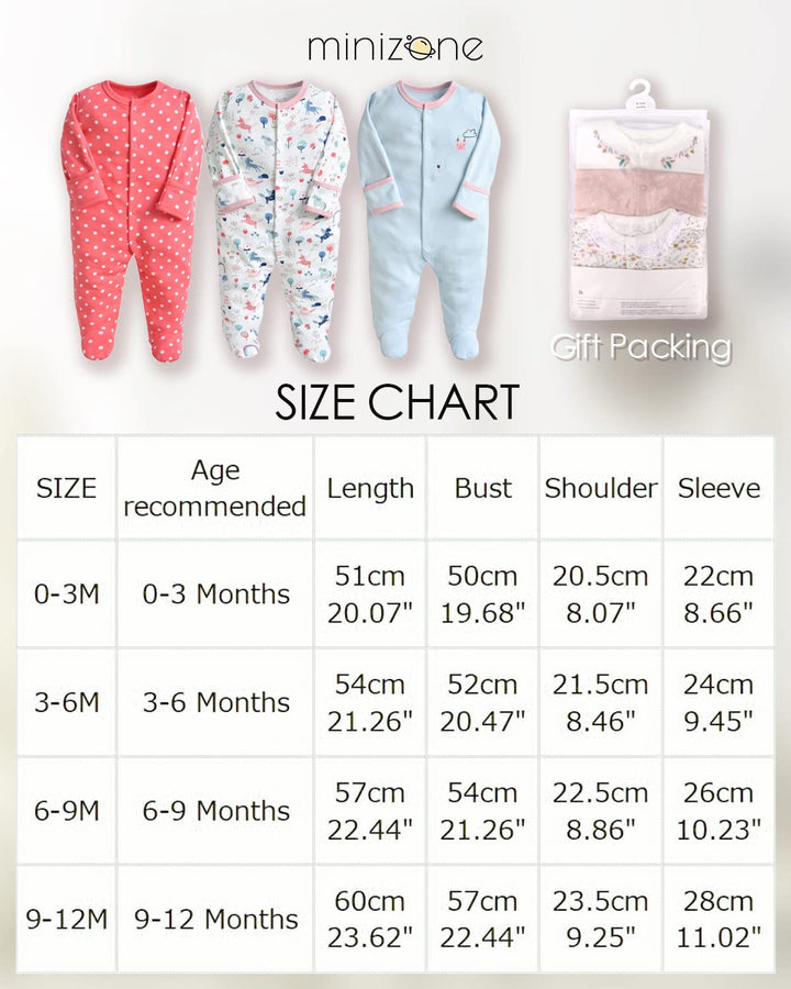 Minizone Baby Schlafanzug Pack of 3, Strampler Langarm Pyjamas Schlafstrampler 6-9 Monate 6-9 Monate
