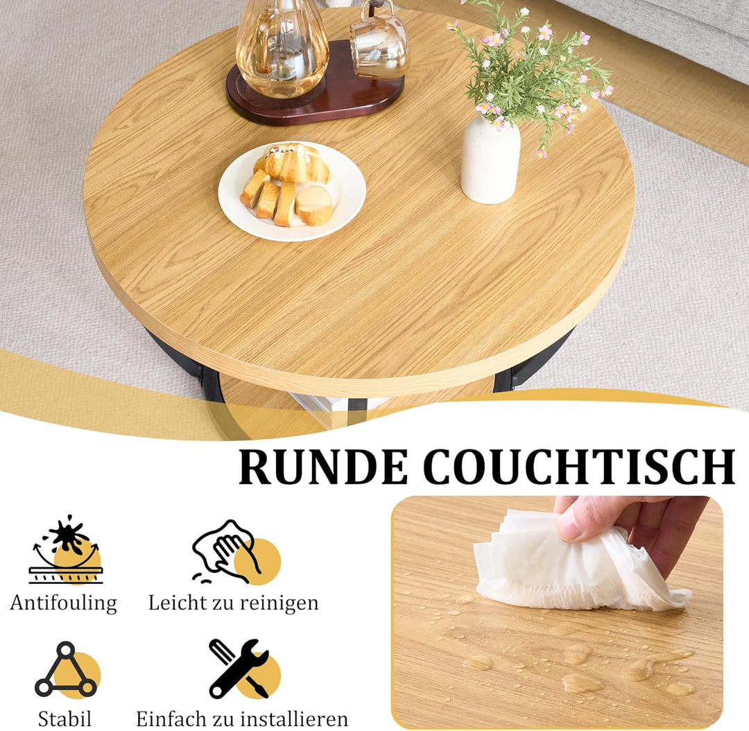 Mingone Couchtisch Rund, Industrial 2-Tier-Kreis Wohnzimmertisch mit Offenem Stauraum, Holz Coffee T