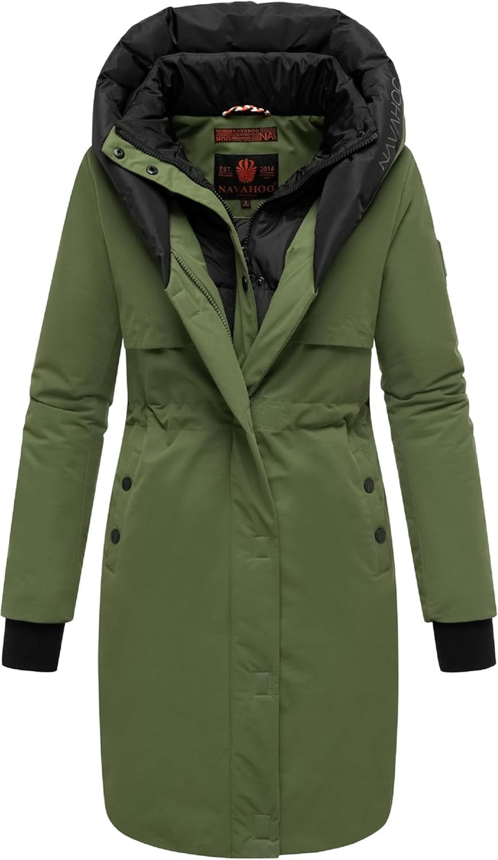 Navahoo Damen Mantel Lange warme Winter Steppjacke mit Kapuze und magnetischen Elementen Snowelf XS-