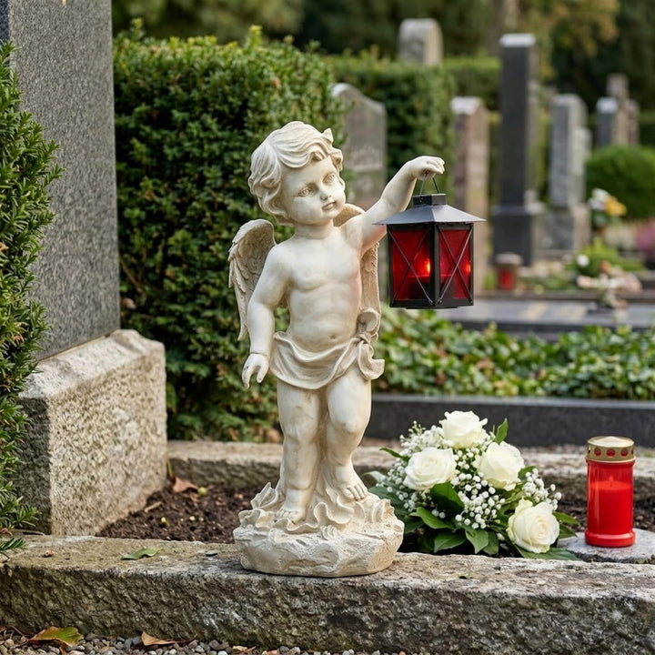 Grabengel mit roter Laterne 37 cm, wetterfester Grabschmuck